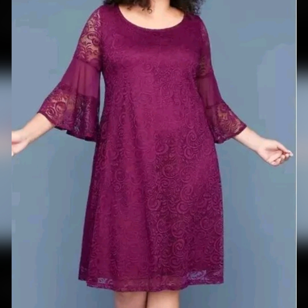 Lane Bryant Midi Dress Woman Plus 26 28 4X Bell Sleeve Sheer Lace Pailsey Wine